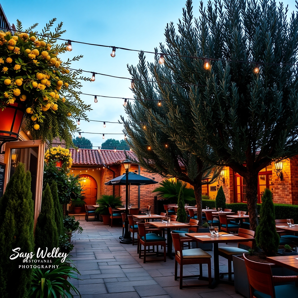 The garden patio at dusk